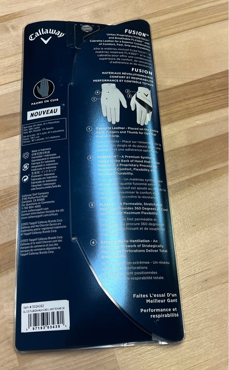 Callaway Fusion White Golf Glove Men's Cadet L Left Hand Leather Palm New