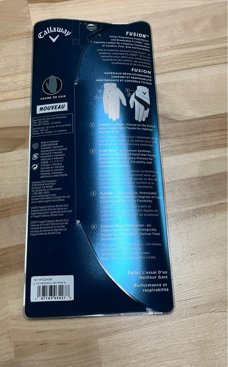 Callaway Fusion FUSETECH FLX360 Leather Palm Golf Glove Men's L Left New