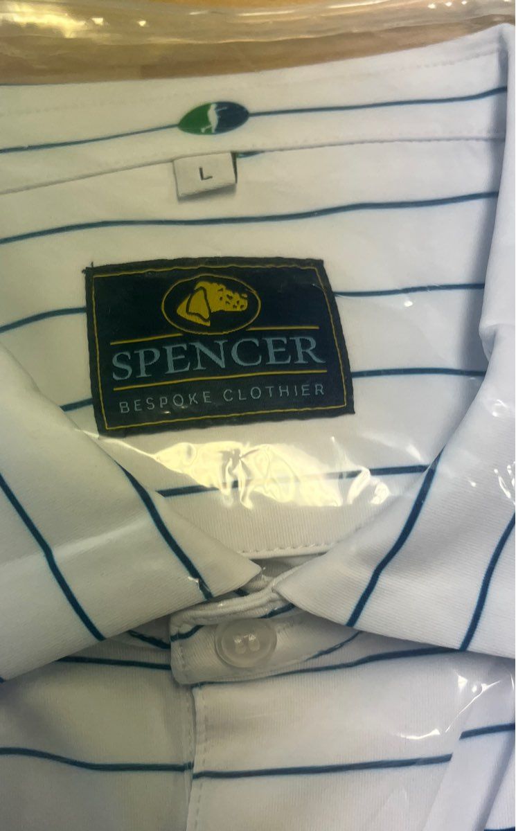 Spencer Bespoke Clothier Striped Embroidered Golfer Polo Golf Shirt NWT Sz L