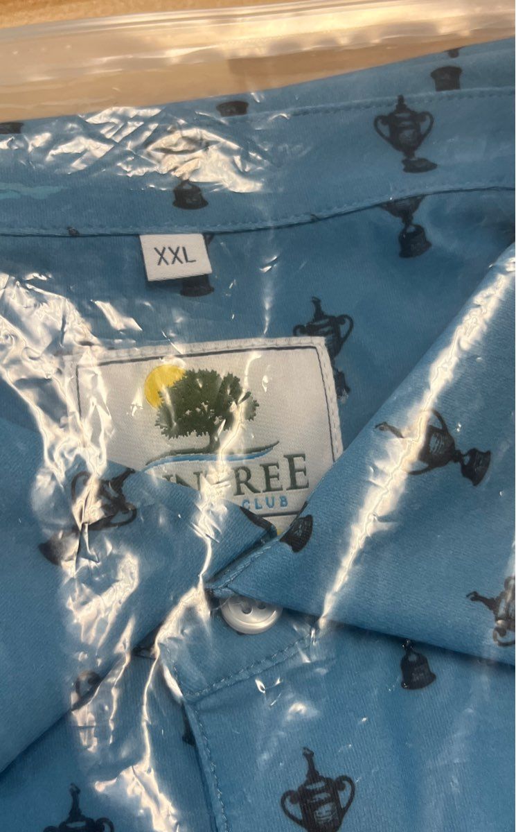 NWT Pine Tree Club Golf Polo Shirt All Over Trophy Print Blue Sz 2XL
